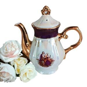 GNA Fine Porcelain 8.5" Tea Pot GOLD Hand Painted Victorian Courtship Iridescent